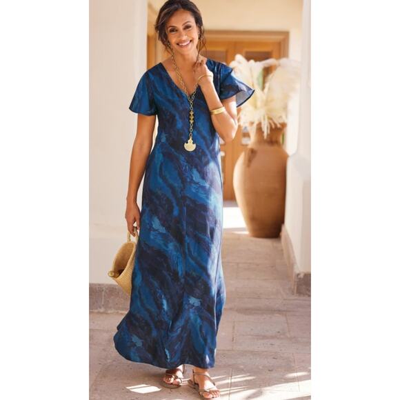 Soft Surroundings Dresses & Skirts - Soft Sorrundings womens blue marble print flutter sleeve casual maxi dress sz M